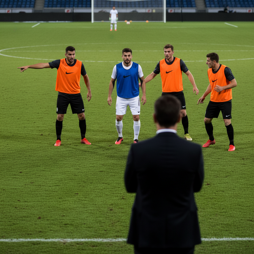 Football manager watches from the sidelines as a playmaker is pressured by teammates to make a safe pass