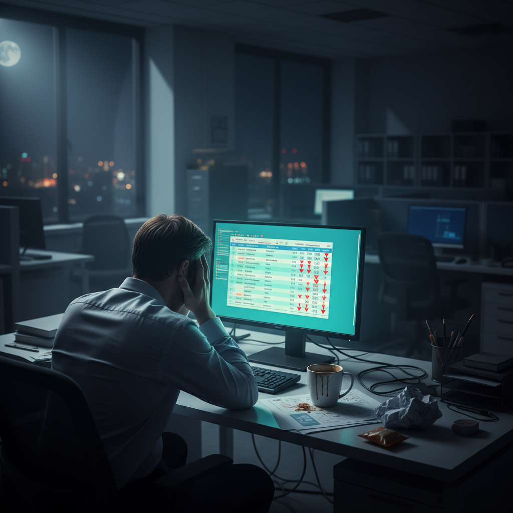 Manager frustrated at a desk at night looking at a spreadsheet with red downward arrows on a screen