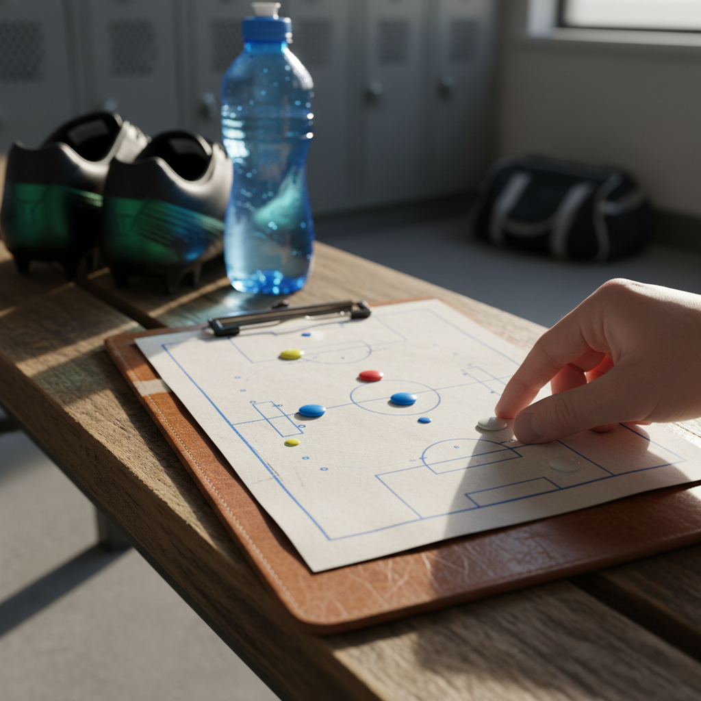Tactical football clipboard with magnets on a locker room bench