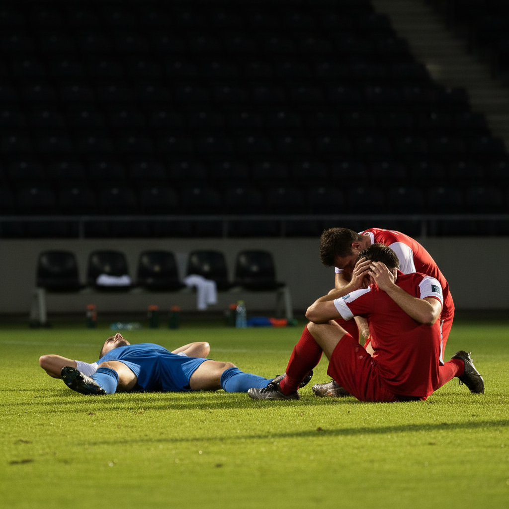 Three exhausted football players sitting and lying on the pitch under stadium lights