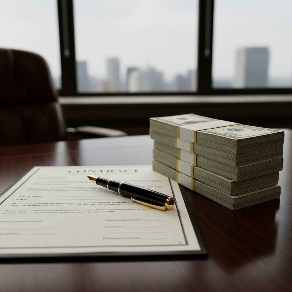 A signed football contract next to a thick stack of cash and a fountain pen on a mahogany desk