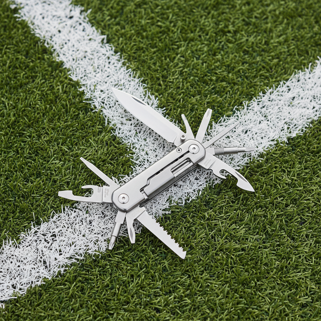 Metal multi-tool laying on a green grass football pitch