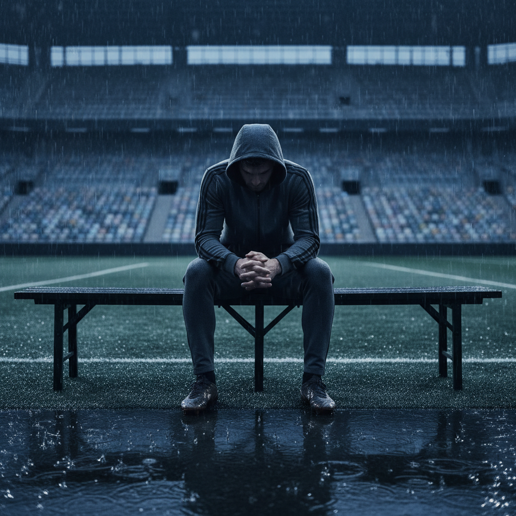 A lonely football player in a tracksuit sits on a bench in a dark, rainy stadium