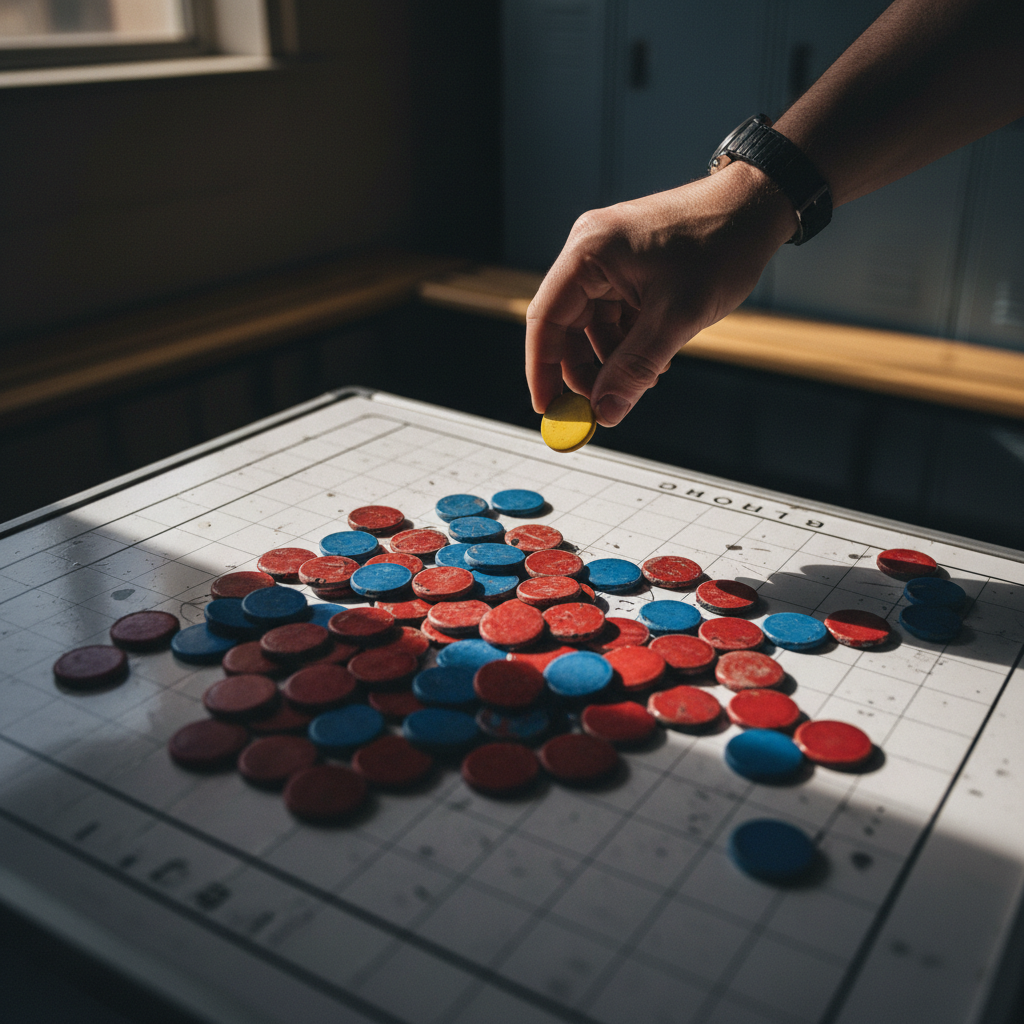 A hand hovers over a cluttered football tactics board filled with red and blue magnets