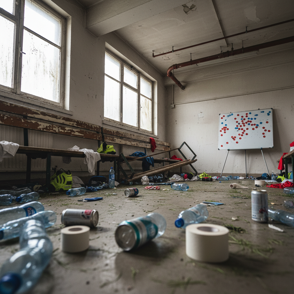 Empty away team locker room with a tactical whiteboard and discarded gear