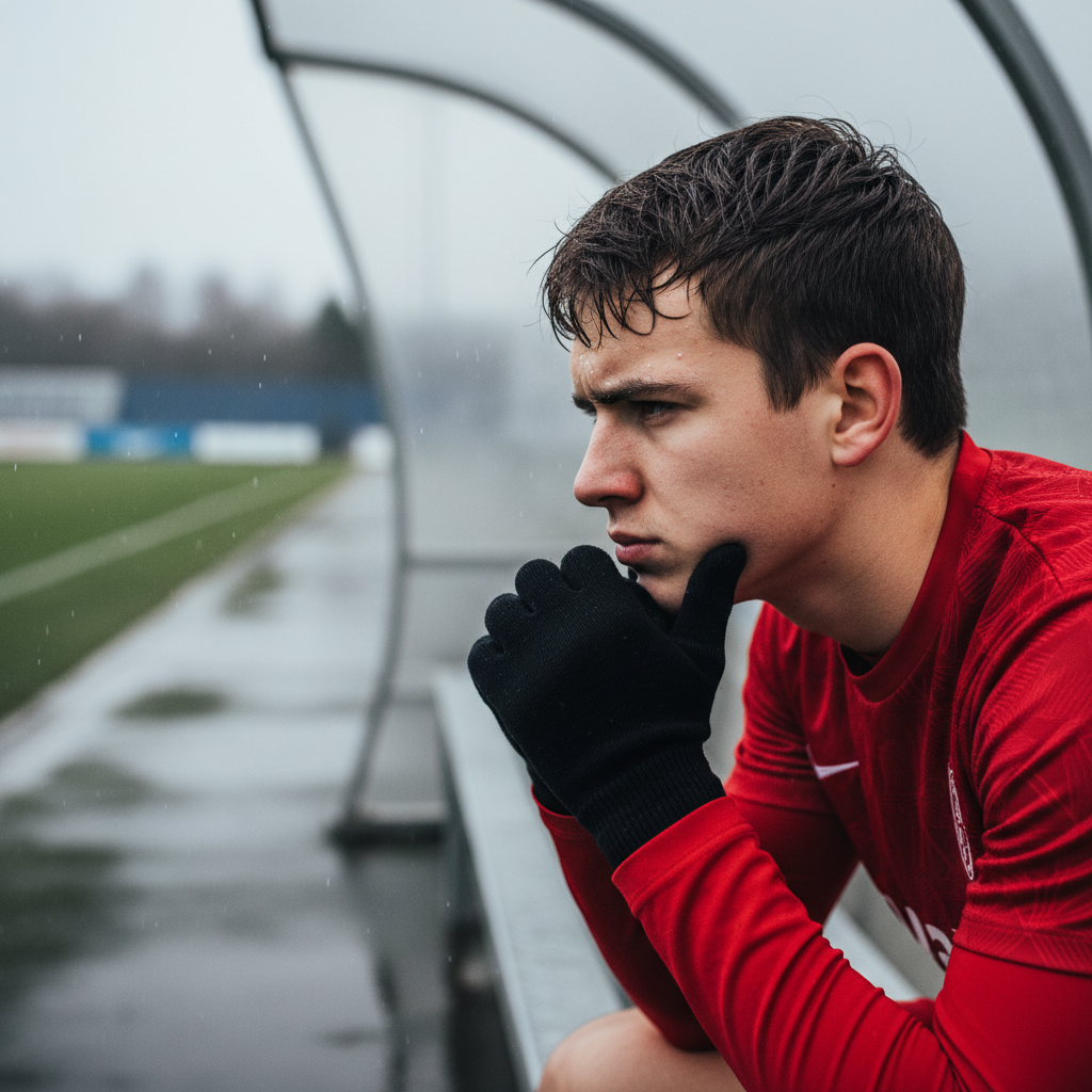Young football player in a red kit sitting on a dugout bench with a frustrated expression
