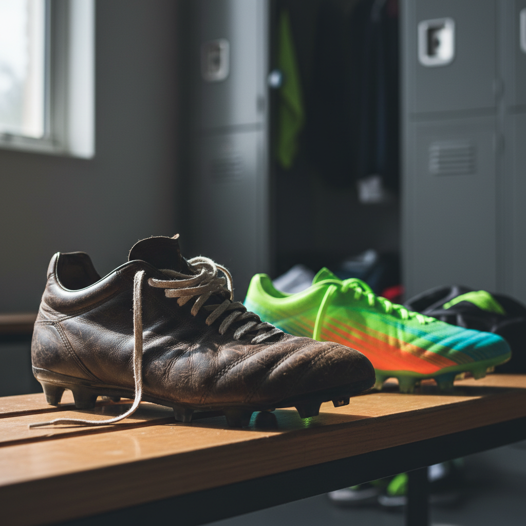 Worn leather football boot next to a modern neon boot on a wooden locker room bench