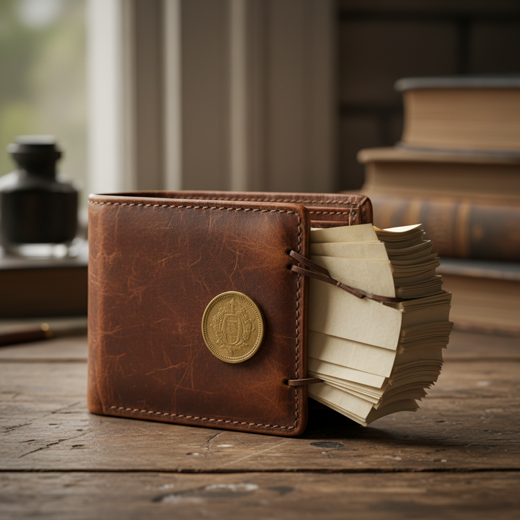Leather wallet bulging and tearing under the weight of a thick stack of cash on a desk