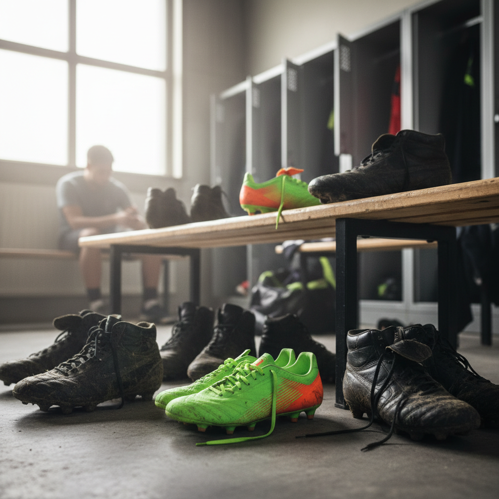 Flashy neon soccer cleats sitting next to worn out traditional black boots in a locker room