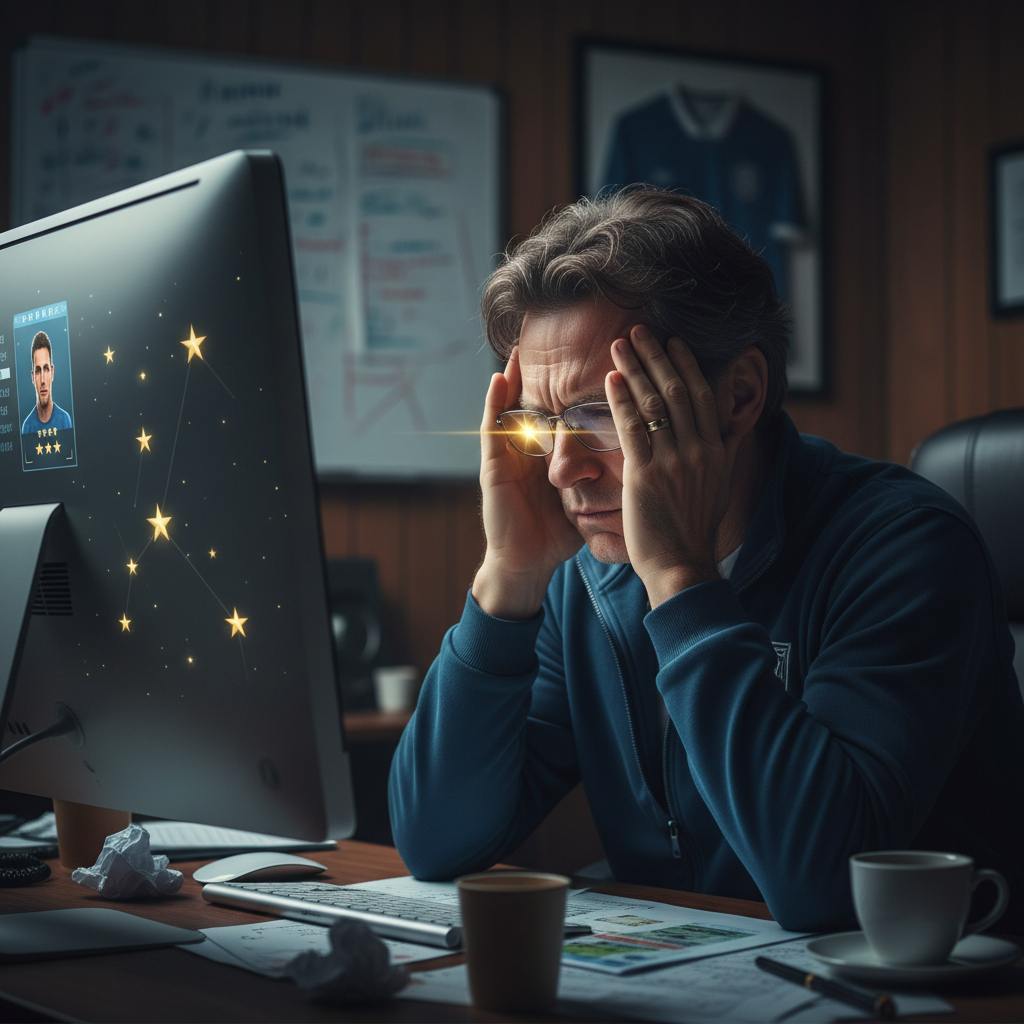Manager in a tracksuit looking frustrated while staring at a digital player profile on a computer screen