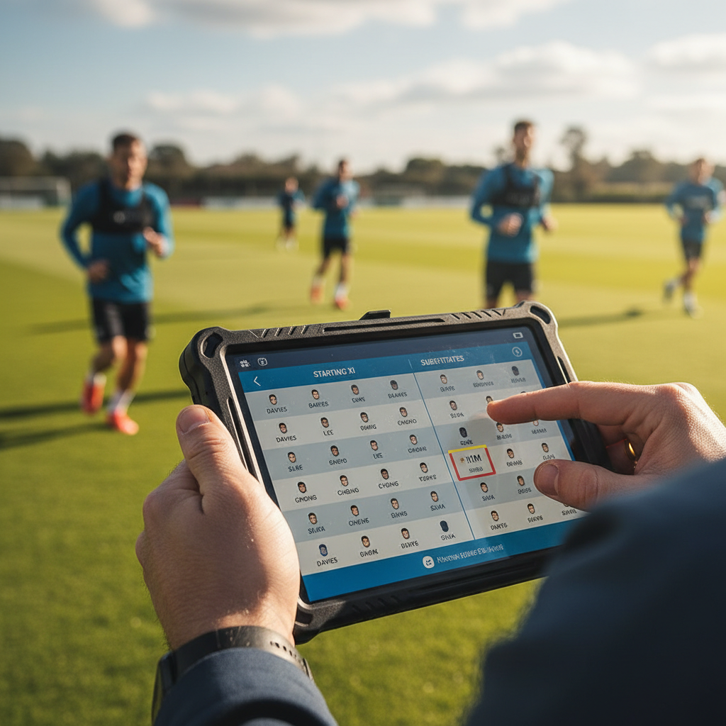 A coach holds a tactical tablet showing a young player listed as a substitute during a team training session