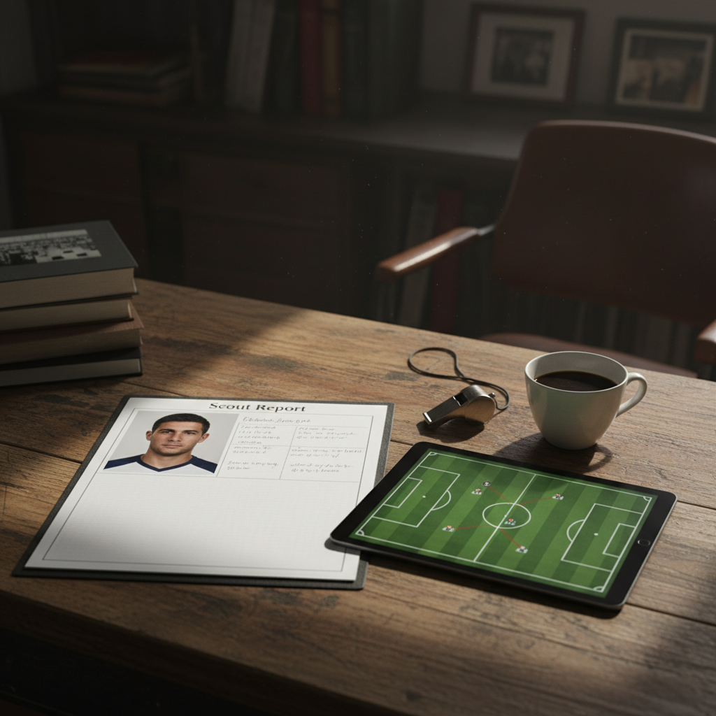 Scout report and digital tablet on a desk with a whistle and coffee cup