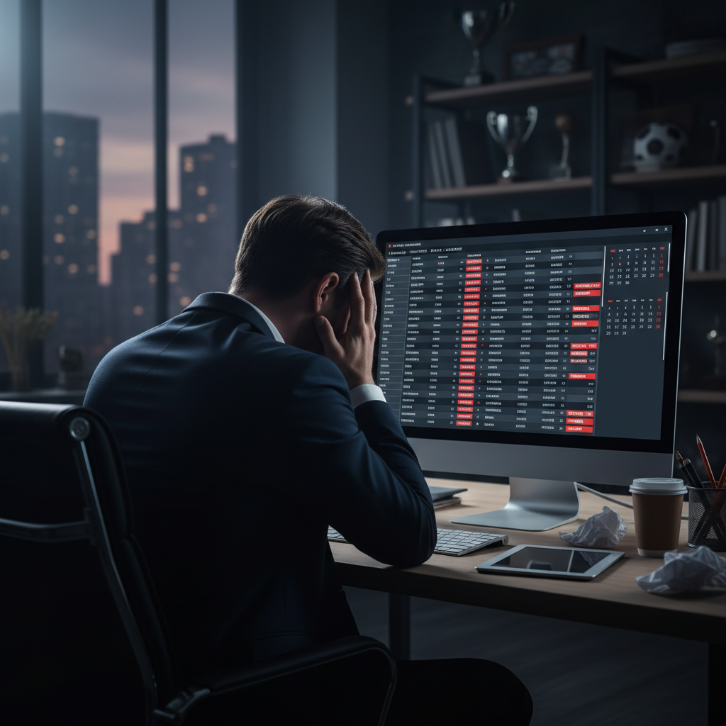 Manager frustrated at a computer screen showing a complicated and bloated football team roster