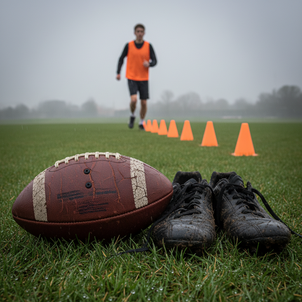 Muddy football boots and a ball on a wet grass field during a lonely training session