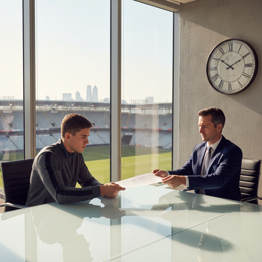 A player and an agent sitting at a boardroom table during a contract negotiation