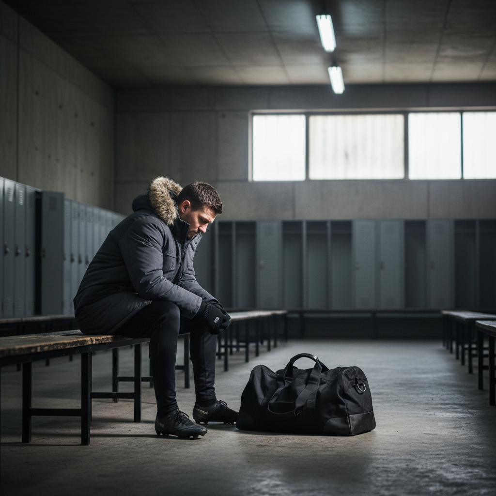 Footballer in a winter coat sitting alone in a locker room looking discouraged