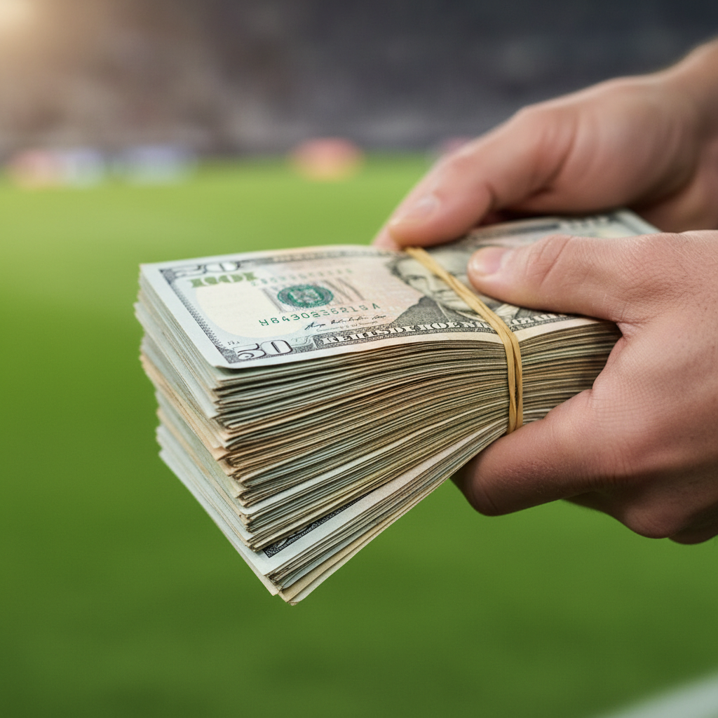 Hands holding a large stack of cash over a blurred football pitch