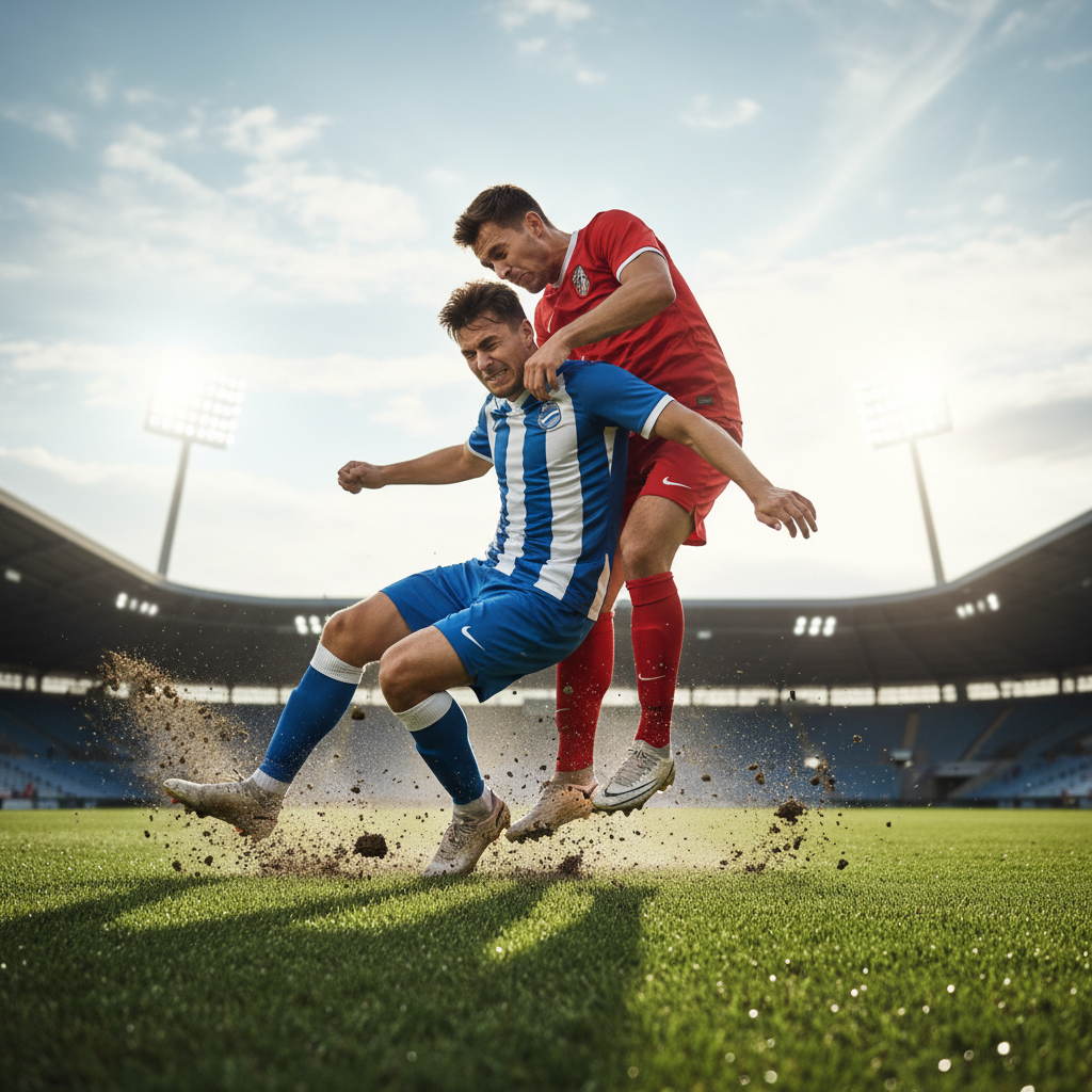 Two football players collide in mid-air during a high-stakes header on a professional grass pitch