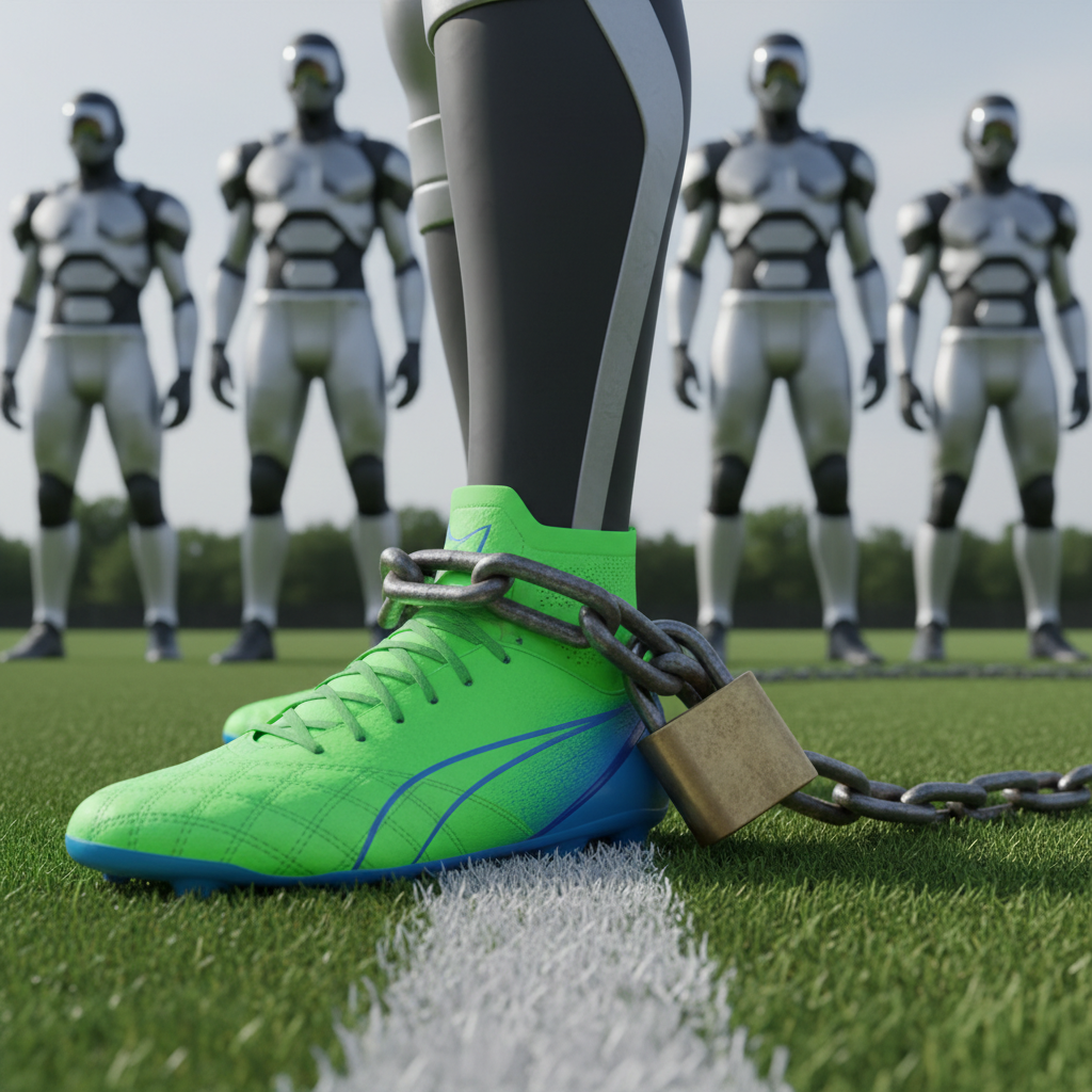 Close up of a soccer player's ankle chained to a rigid formation of teammates on a grass pitch