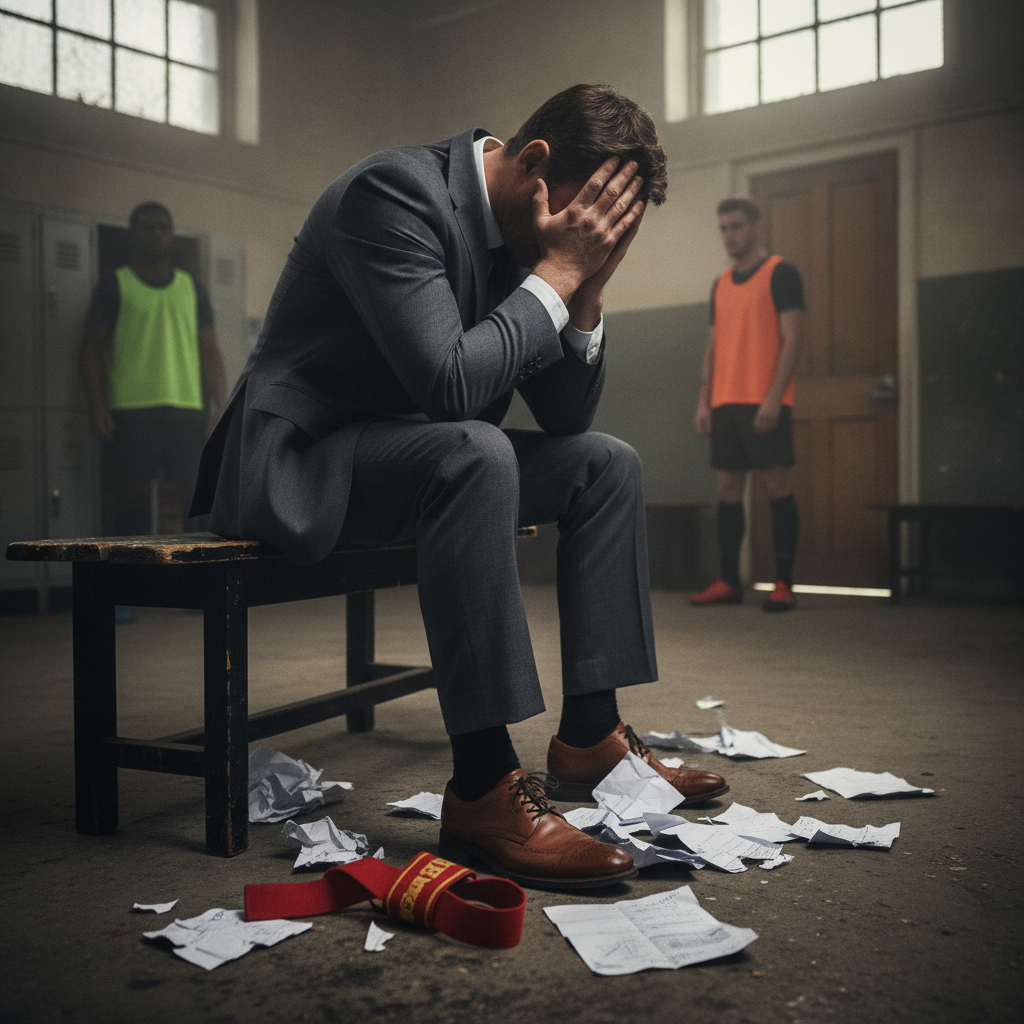Frustrated manager sitting on a locker room bench surrounded by crumpled papers