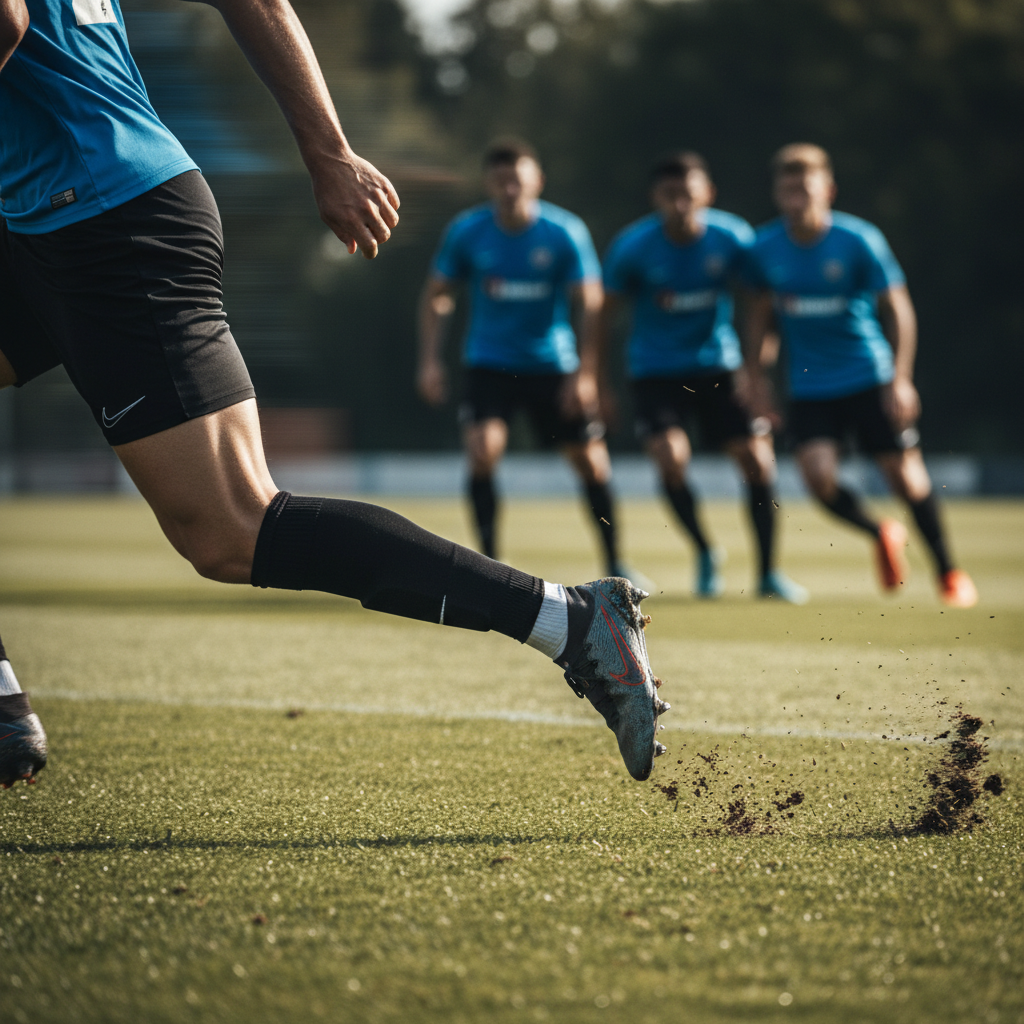 Close up of a football player sprinting on grass during a high pressure tactical play