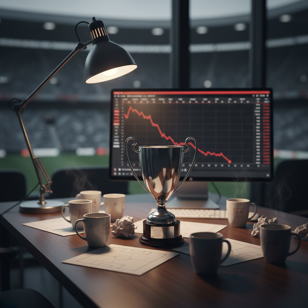 Silver trophy on a desk next to a computer screen showing red financial loss charts in a dark office