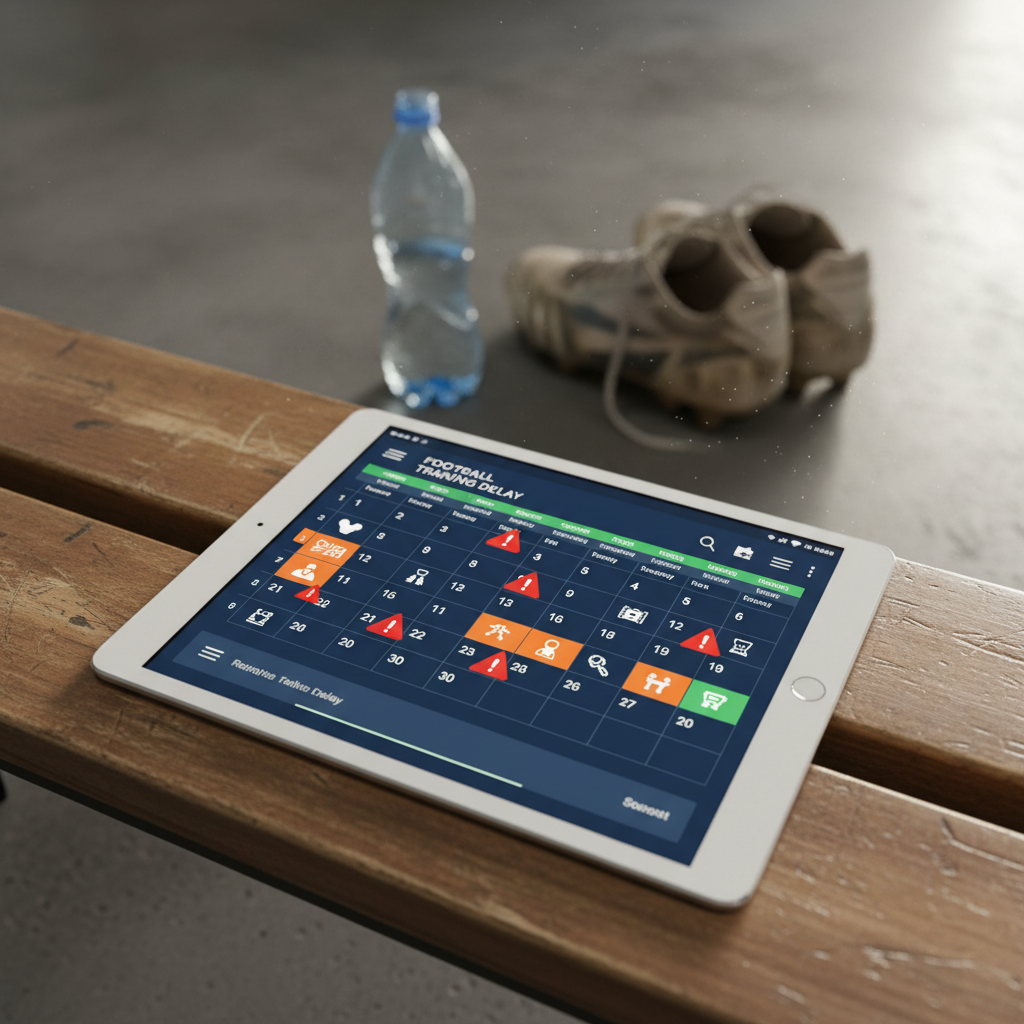 Digital tablet on a locker room bench showing a cluttered and overloaded football training schedule