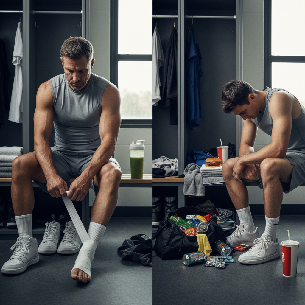 Experienced athlete meticulously preparing his gear in a locker room next to a messy teammate
