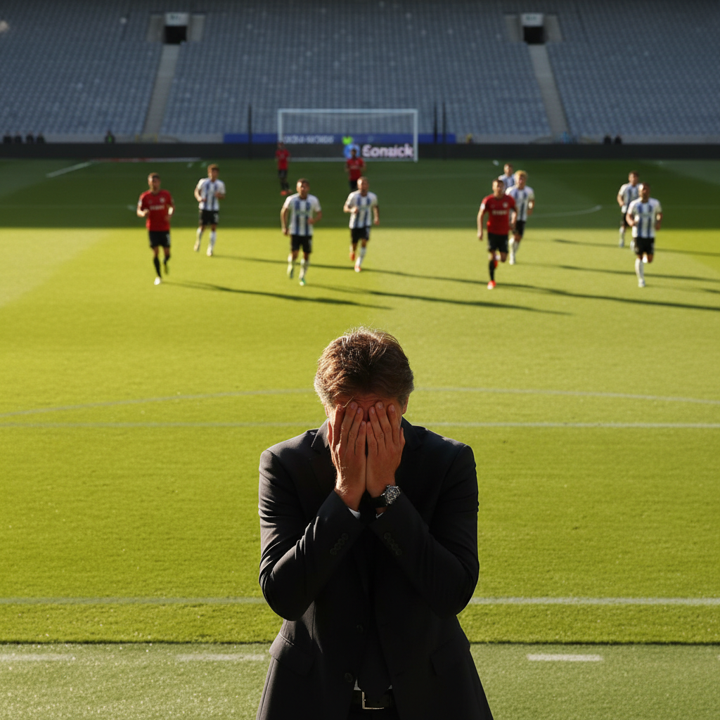 Frustrated football manager watching an opponent counter-attack on a sunny grass pitch