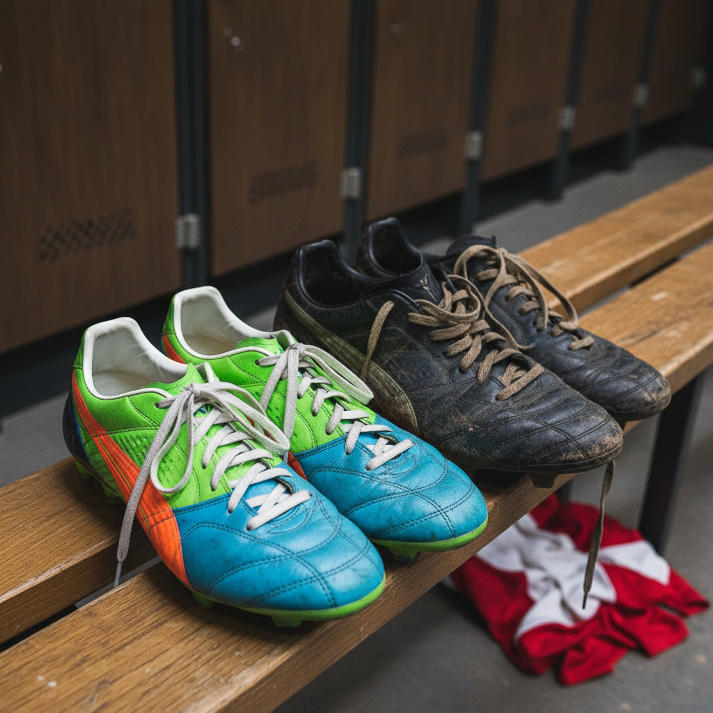 New neon soccer cleats sit next to a pair of old, scuffed leather boots on a wooden locker room bench