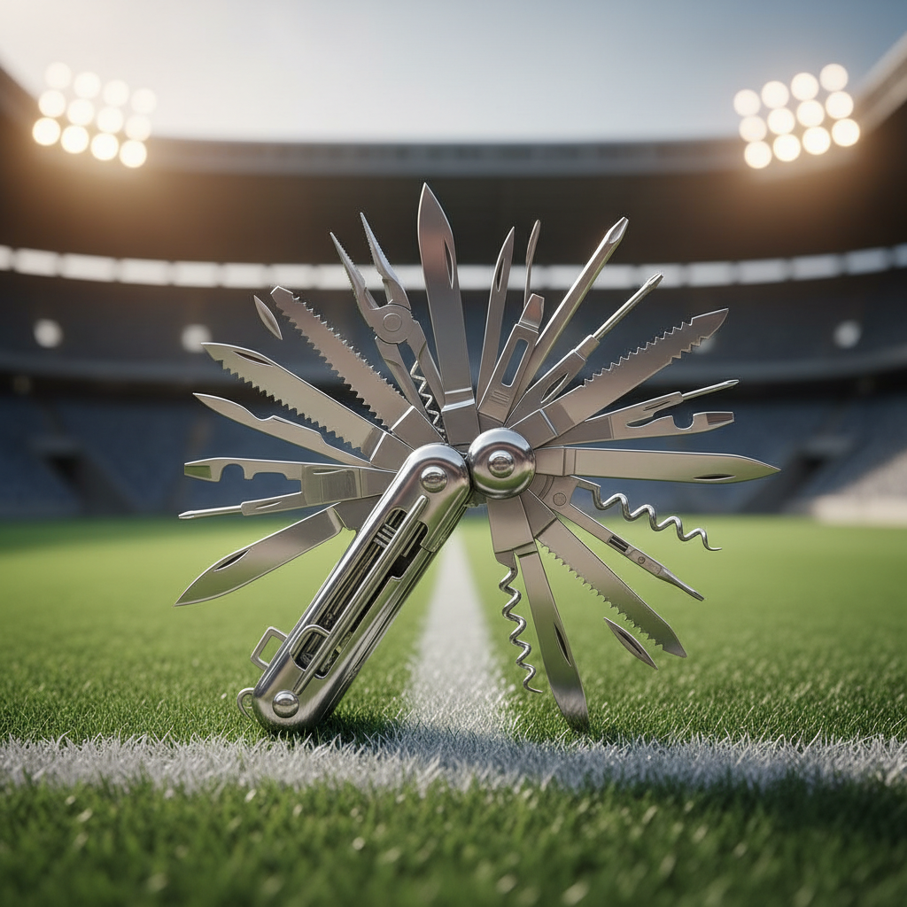 A multi-tool pocket knife with many blades extended sits on a green grass football pitch