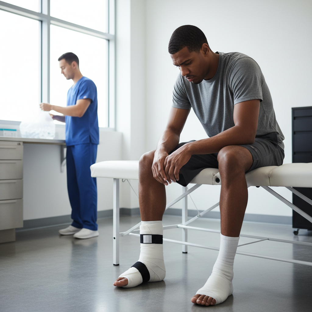Injured soccer player sitting on a treatment table looking frustrated with a bandaged ankle