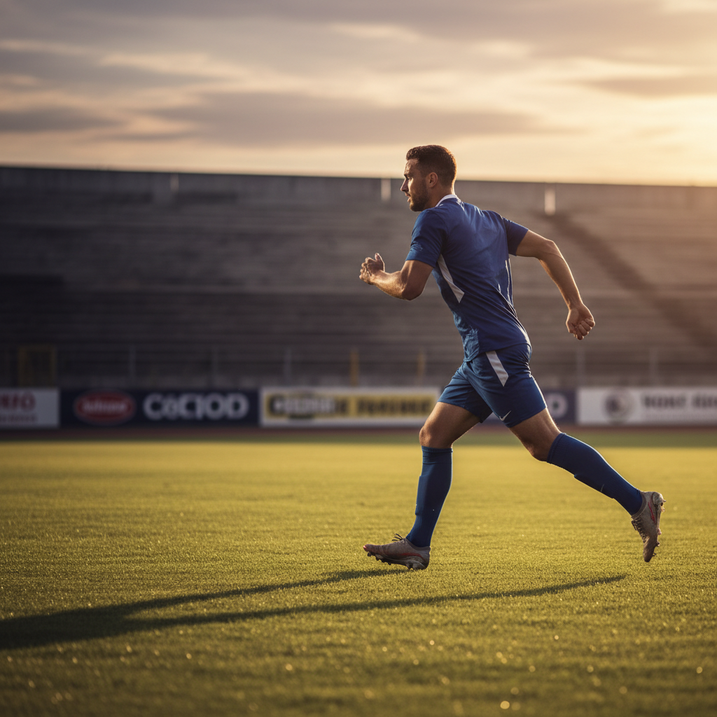 A soccer player in a yellow kit sprints alone down the touchline during a professional match