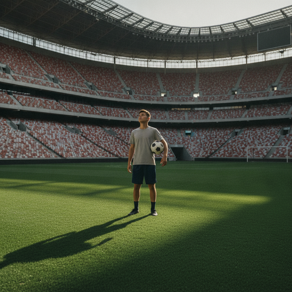 Young football player standing alone on a professional pitch looking up at empty stadium seats