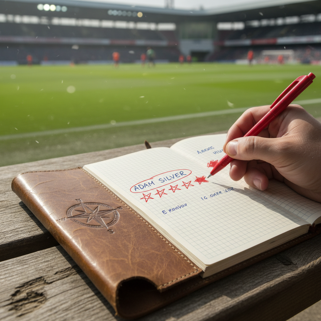Scout's notebook on a stadium bench with a hand circling a player name next to five hand-drawn stars