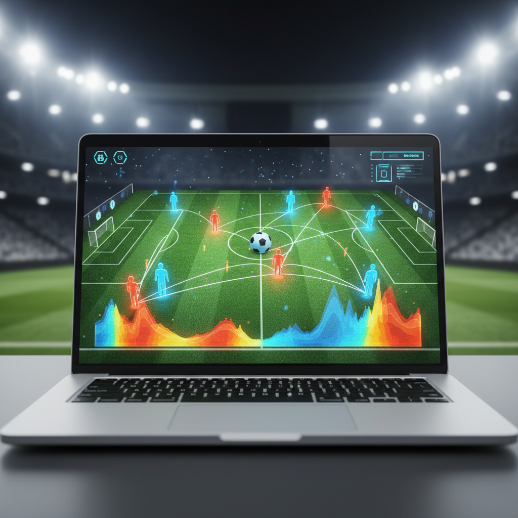 A laptop screen showing digital football tactics and heat maps in a stadium setting