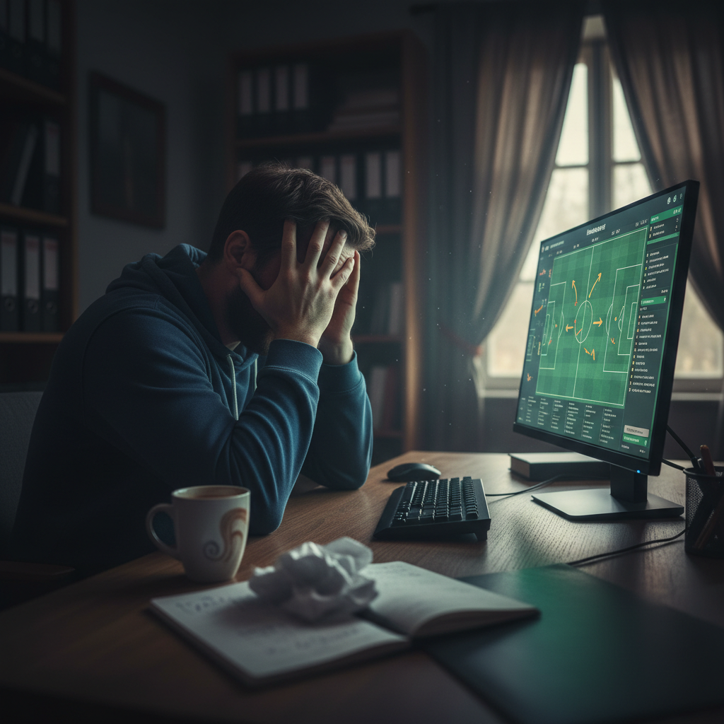 A man sits at a desk with his head in his hands looking at a football management game screen