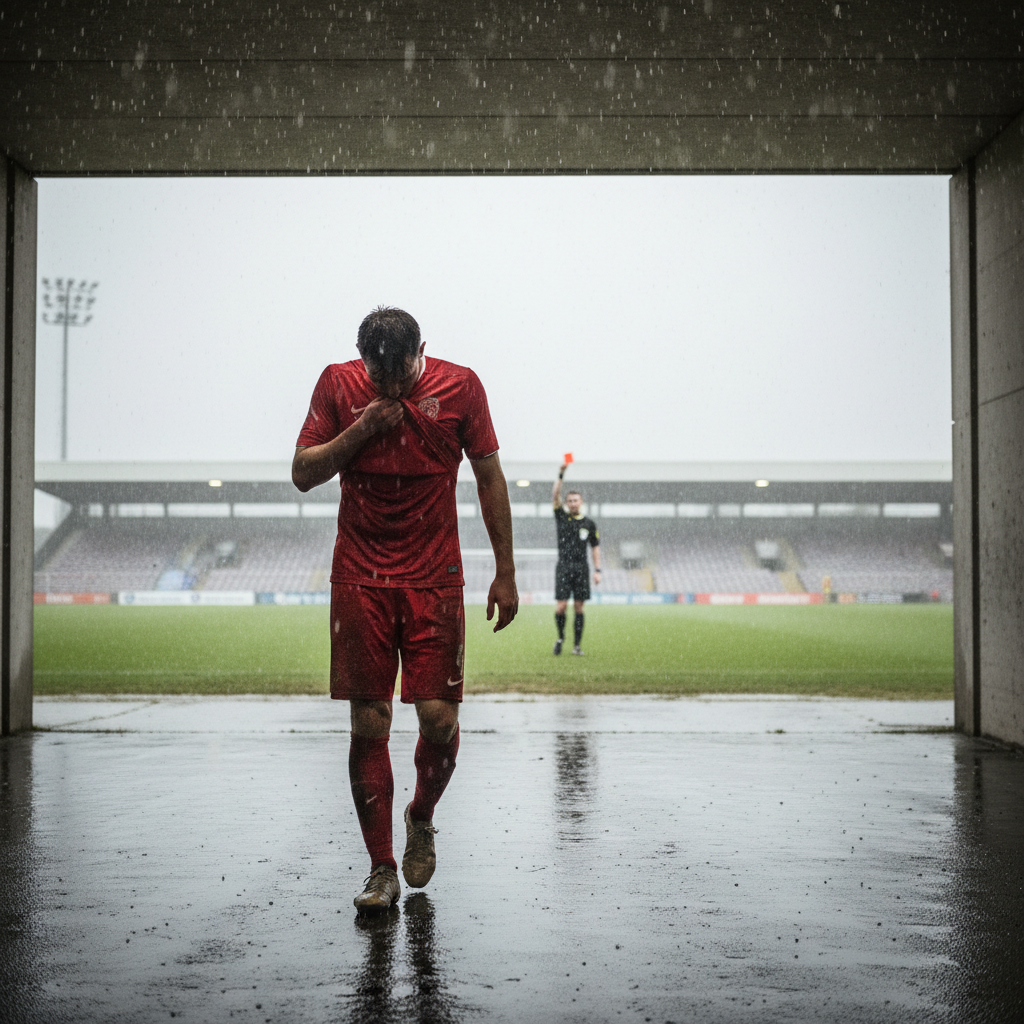 Frustrated football player walking toward a stadium tunnel after being sent off during a rainy match