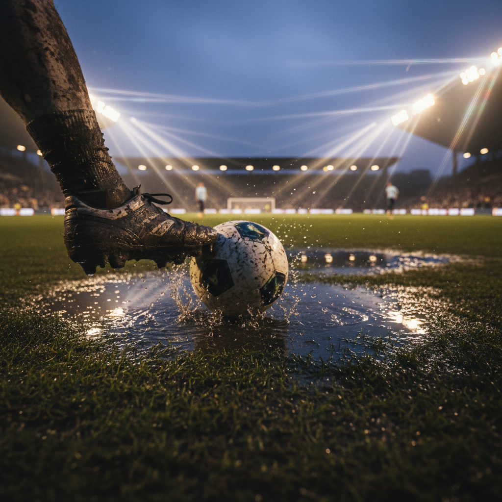 Muddy football boot kicking a ball on a wet grass field under bright stadium lights at night