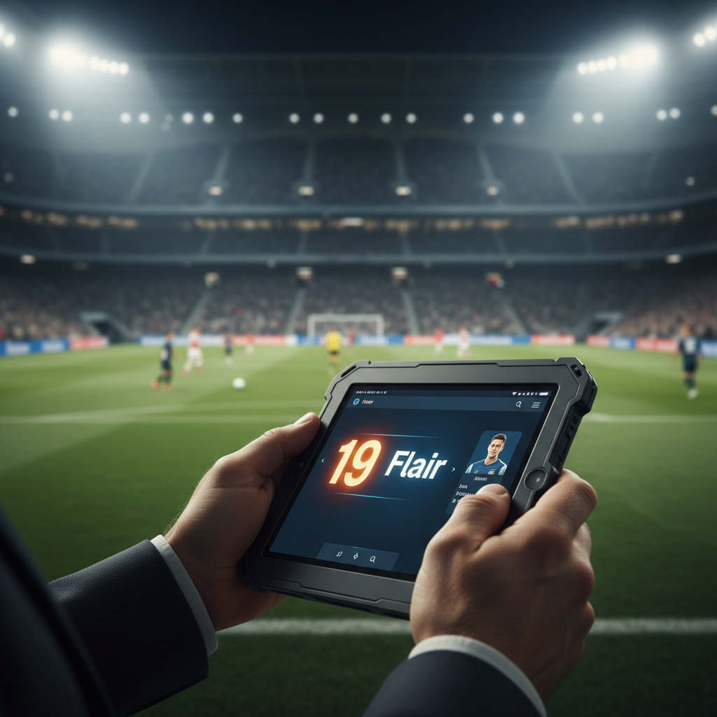 Digital tablet showing a high flair rating of 19 on a football scouting report