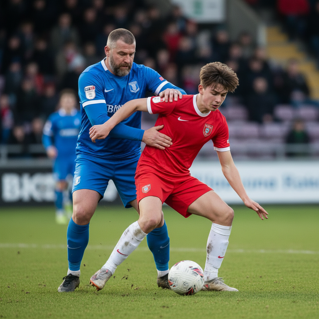 Muscular veteran defender overpowering a slim teenage player during a football match