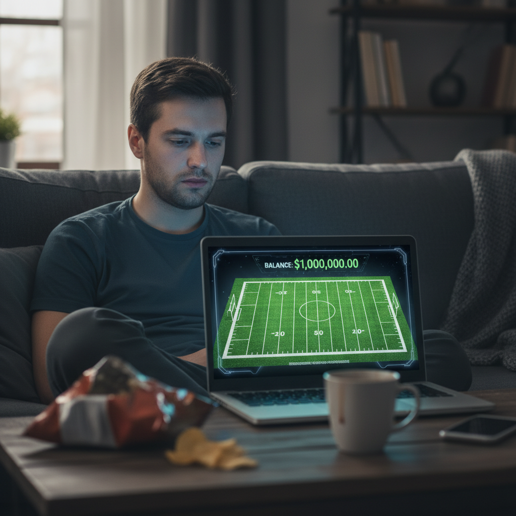 A person looking bored while playing a football management game on a laptop in a dark room