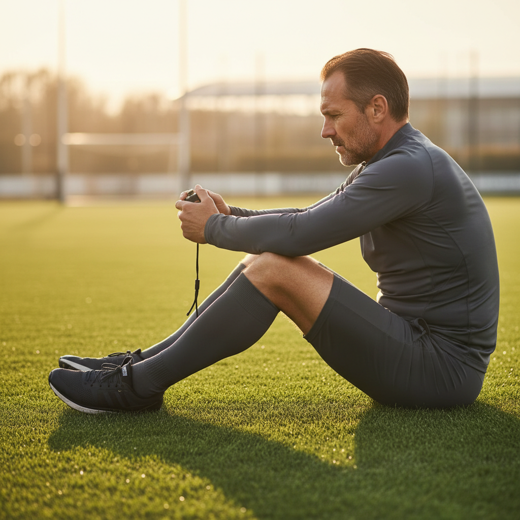 An older soccer player in a black training kit sits on the grass looking at a stopwatch during sunset
