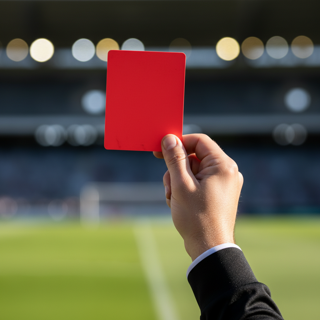 Referee holding up a red card during a football match