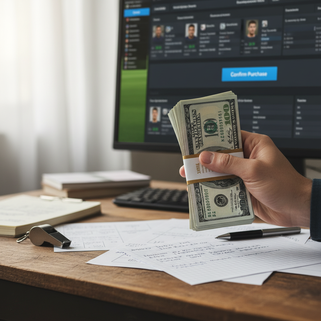 A hand holding a large stack of cash in front of a computer screen showing a player transfer