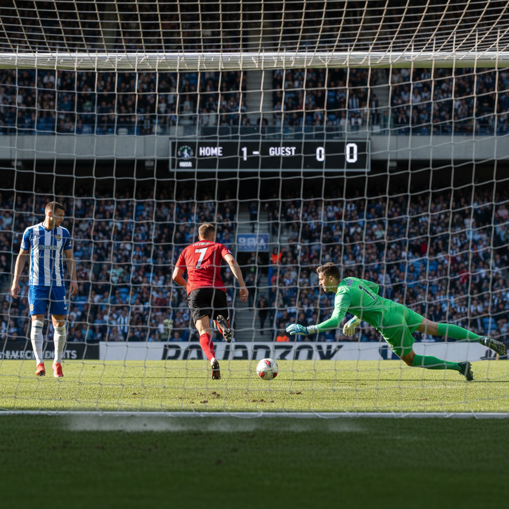 A striker running past a distracted defender to score a goal while the stadium clock shows 89 minutes