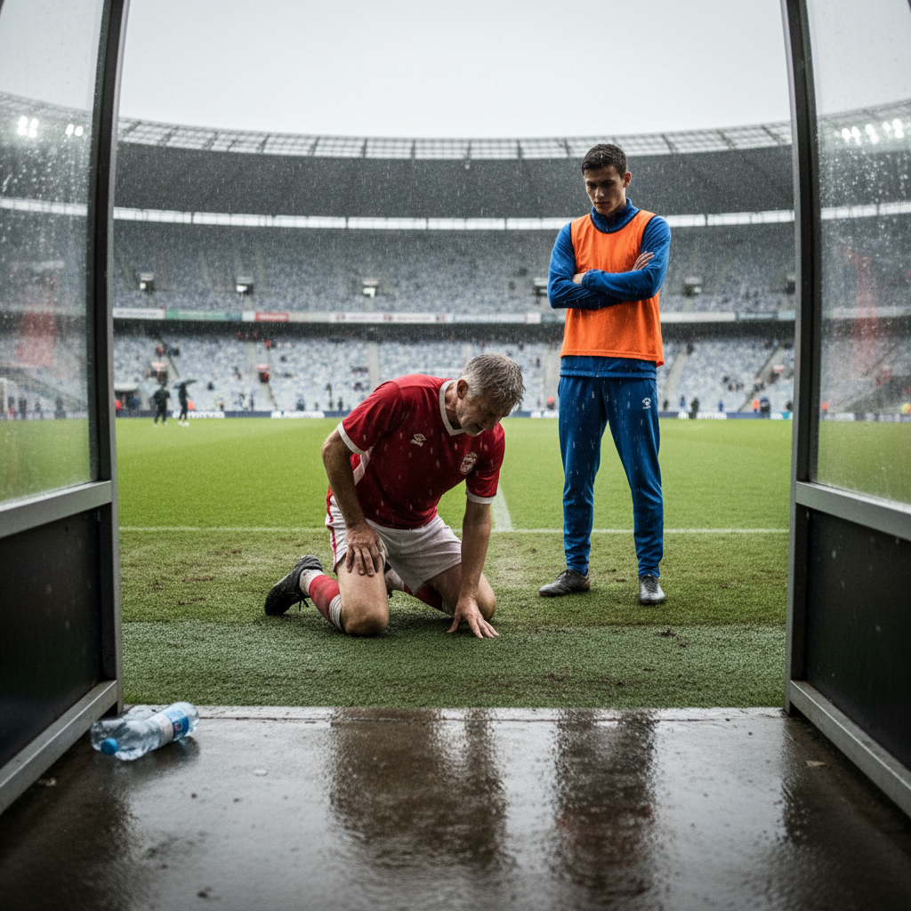 Injured veteran football player on the pitch while a young substitute watches from the sidelines