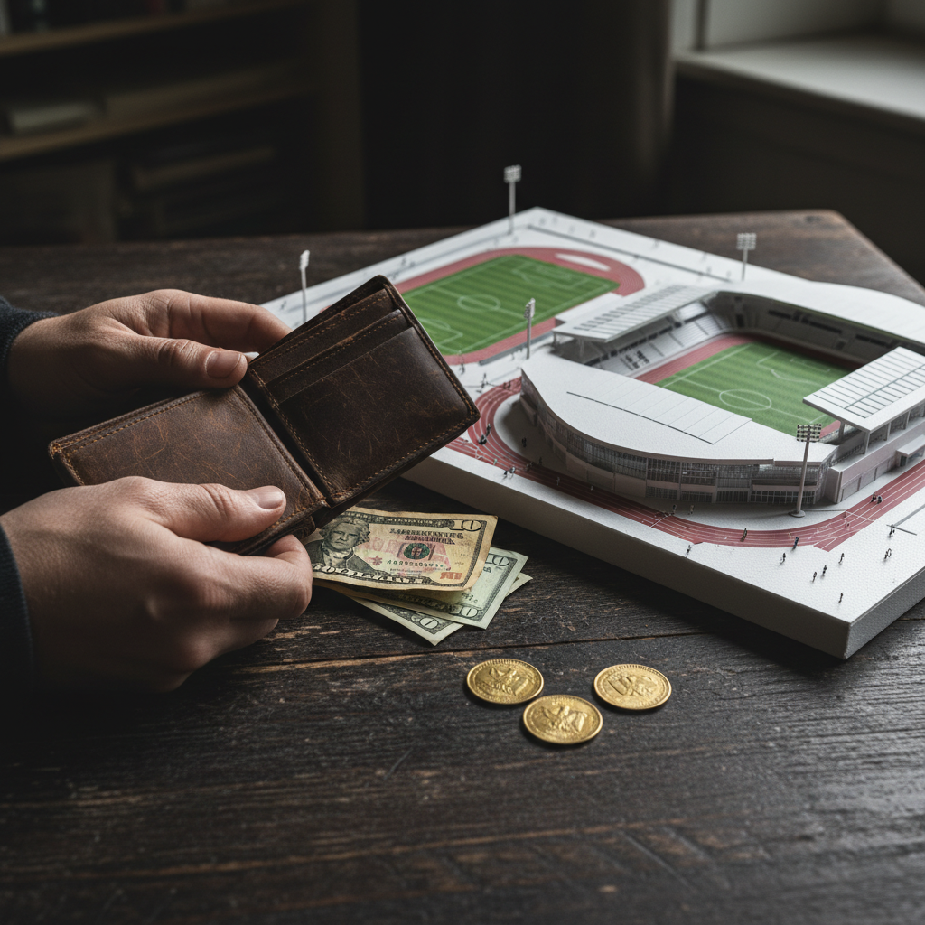 Hands holding an empty wallet next to a miniature model of a sports complex on a wooden desk
