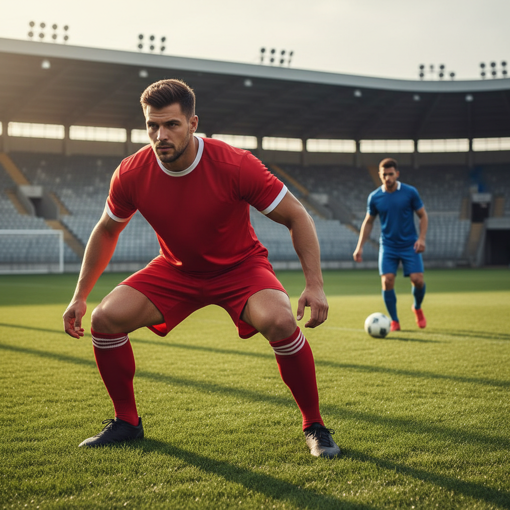 A soccer defender looking the wrong way as an attacker runs past him with the ball on a grass field