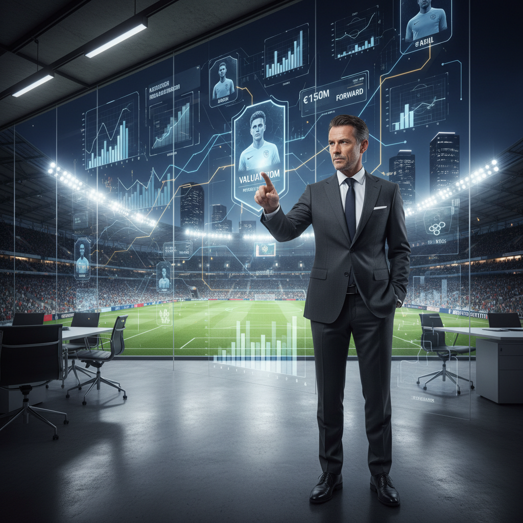 Football manager analyzing digital player data and transfer statistics on a glass screen overlooking a stadium